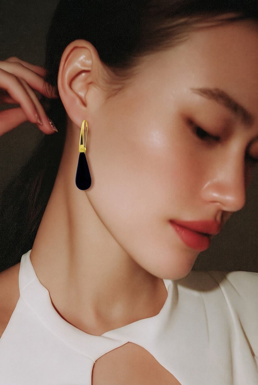 Macy’s 14K Gold Plated Onyx Black Genuine Stone Teardrop Earrings